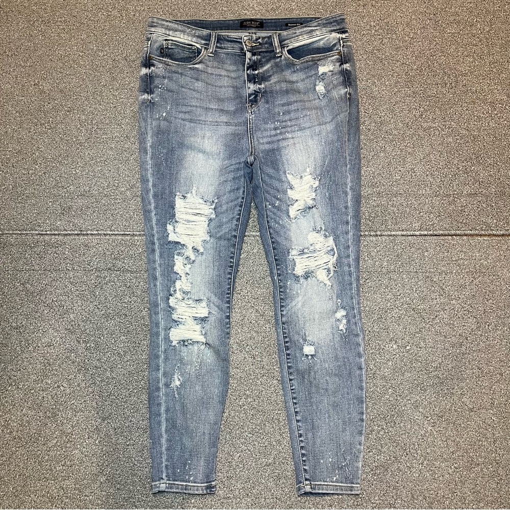 Judy Blue Skinny Fit Distressed Destroyed Jeans Womens Size 15 Blue Denim Preppy